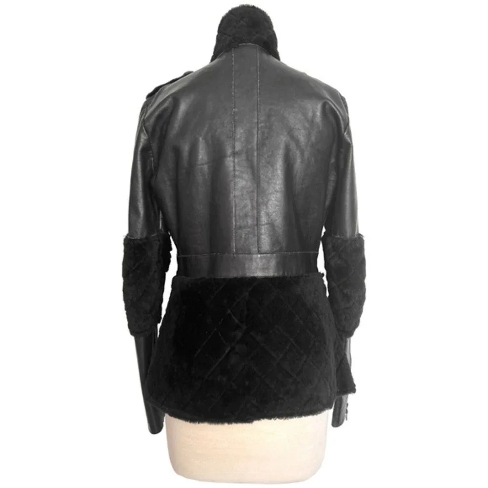 Chanel Black Leather Wool Jacket Quilted Trim CC Logo Buttons‎ Size 34